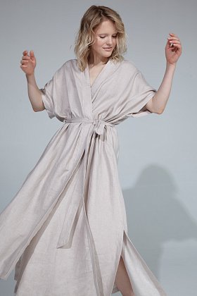 Фото модного мико кимоно длинное лён бежевое сезон 2020 года