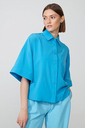 Фото модного раби блуза с коротким рукавом голубого цвета сезон 2020 года