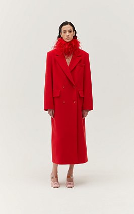 ленте пальто длинное двубортное красное